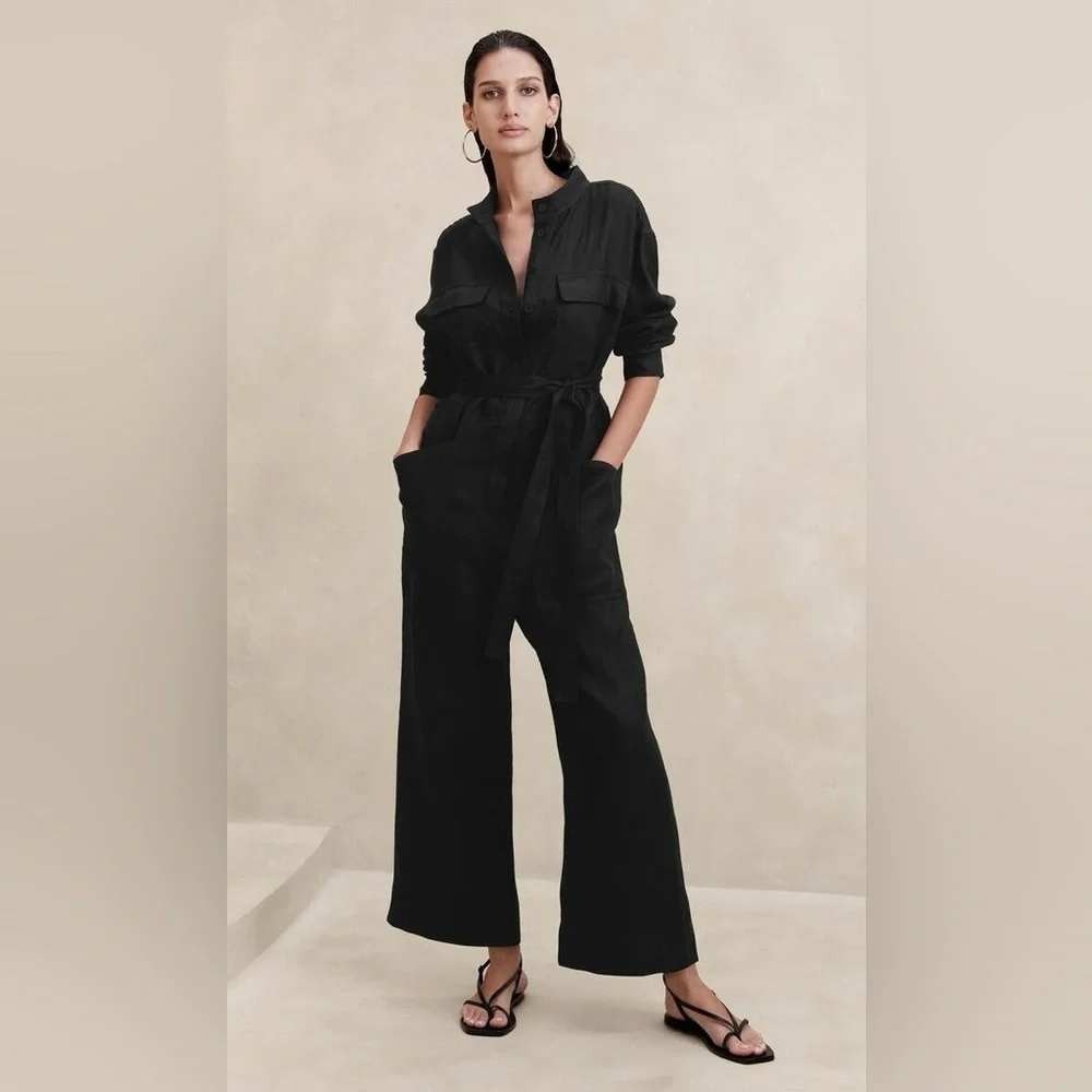 Banana Republic Lisa Linen Jumpsuit Women S Tall Black Wide Leg Long Sleeve - Picture 1 of 12